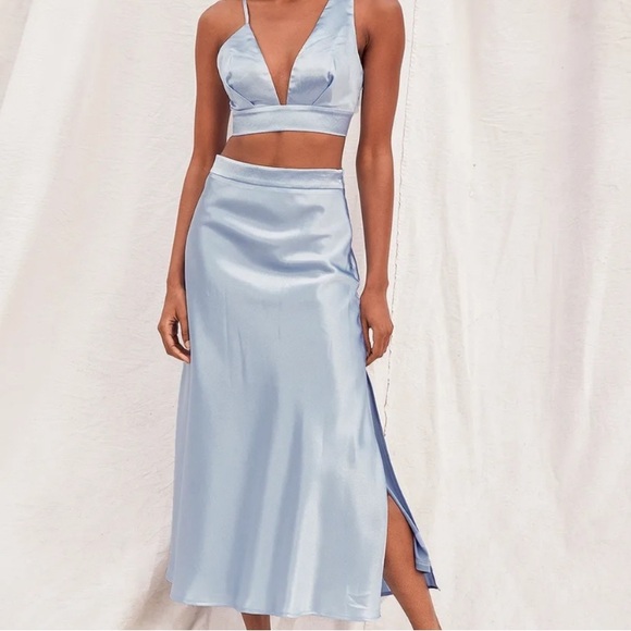 New Lulu's Forever a Flirt Light Blue Satin Two-Piece Midi Dress - Picture 1 of 10